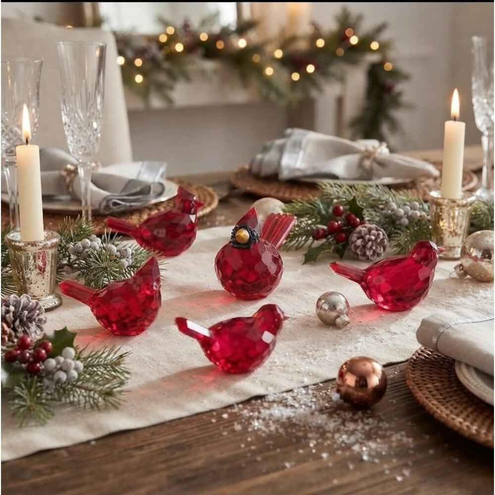 1 Hanging Glass Cardinal & 4 Sitter Acrylic Resin Cardinals Figurine Set Decor
